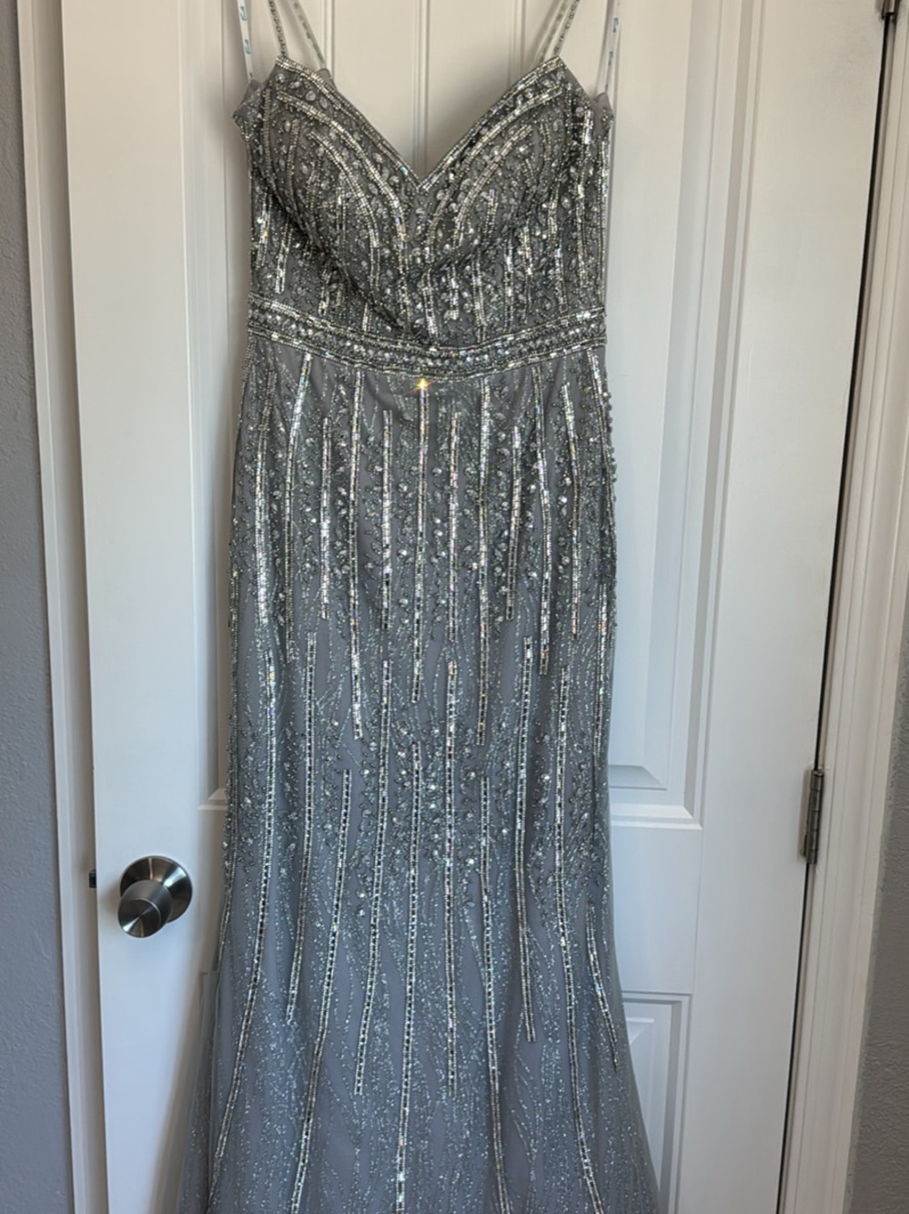 Sparkling Silver Beaded Spaghetti-Strap Prom Dress